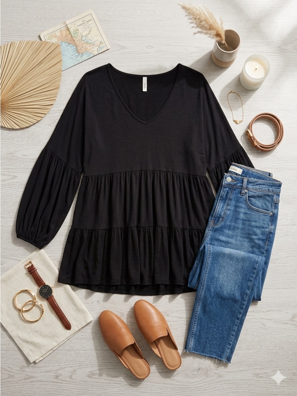 Celeste Black Tiered V-Neck Long Sleeve Tunic Top - Size 3XL